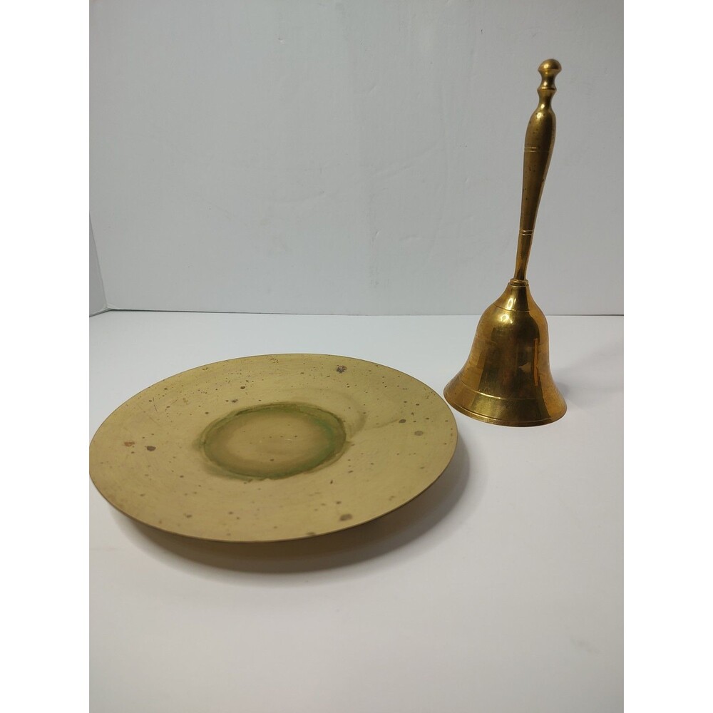 2pc Vintage Brass Hand Bell & Small Round Tray Set MCM Office Decor Dinner Bell